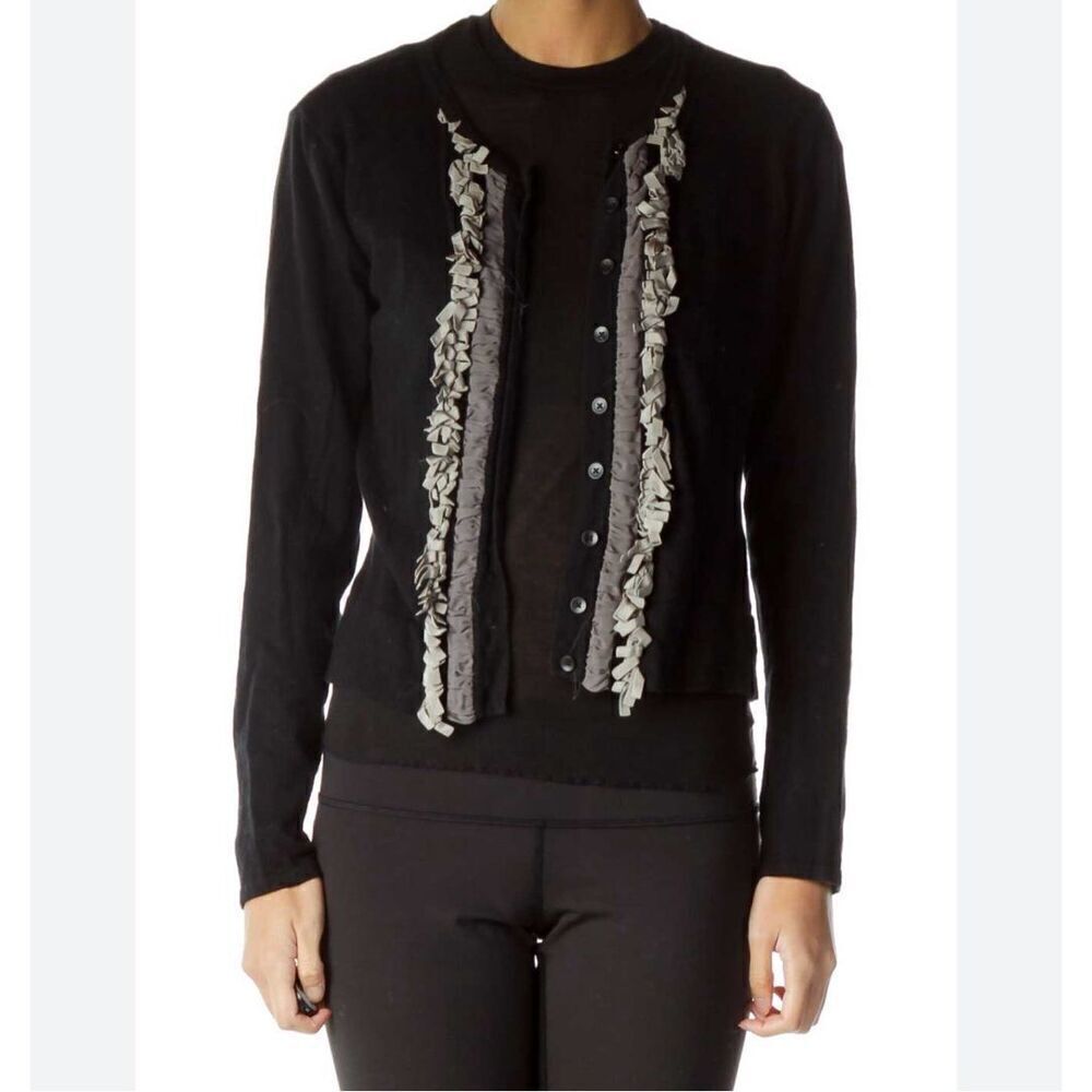 CAbi ruffled romantic Regency tuxedo cashmere cotton cardigan